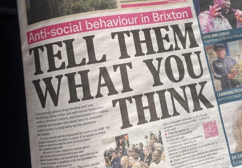 Brixton Bugle front page with Action on ASB survey 2025